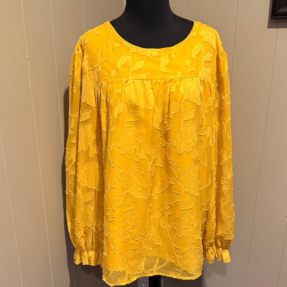 B34 Funlingo Chic Yellow Sheer Floral Women's 2XL Blouse